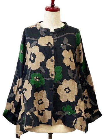 Pure Fit USA Double Gauze Panel Jacket Black Floral Print. Navy with oversized white and green floral pattern. Button up front, mandarin collar.