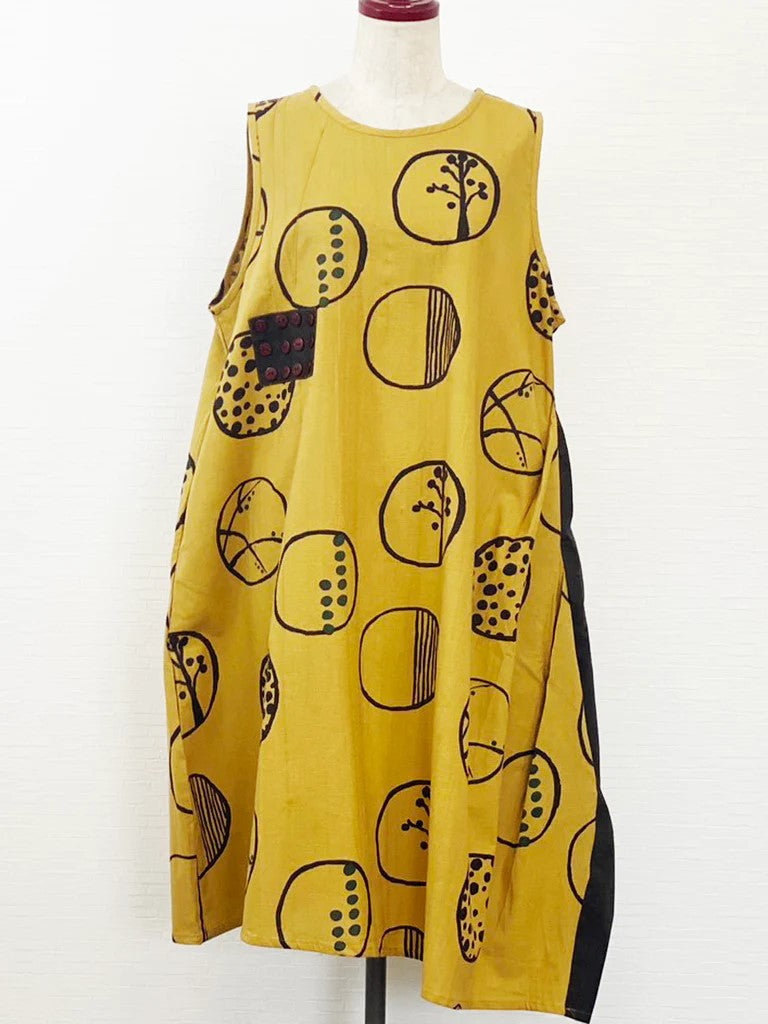 Mustard Nature Bubble Print Button Patch Tank Dress. 