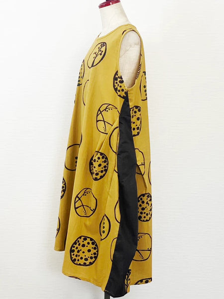 Mustard Nature Bubble Print Button Patch Tank Dress.