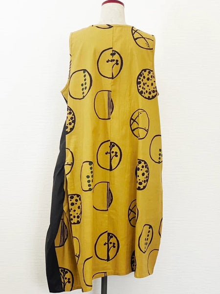 Mustard Nature Bubble Print Button Patch Tank Dress.