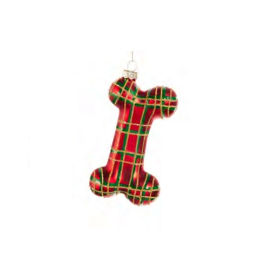 Plaid Dog Bone Ornament Red