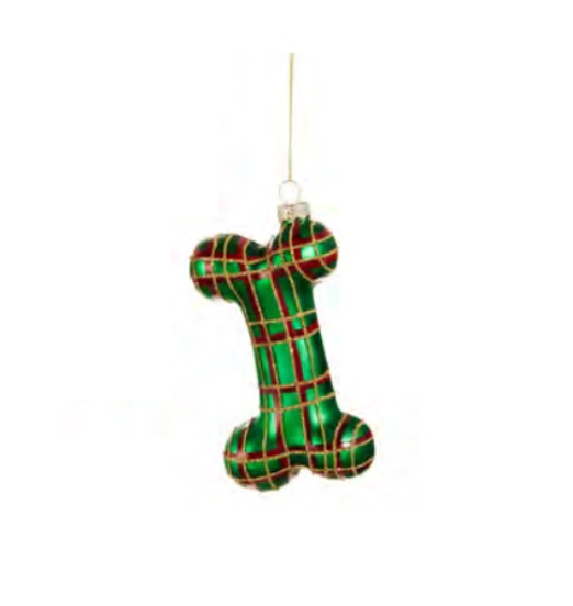 Plaid Dog Bone Ornament Green