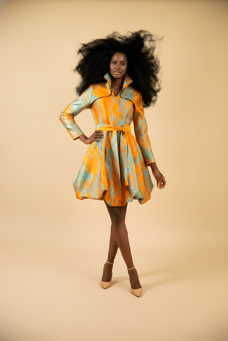 Samuel Dong's jacquard Bubble Dress Coat in Mustard/Turquoise