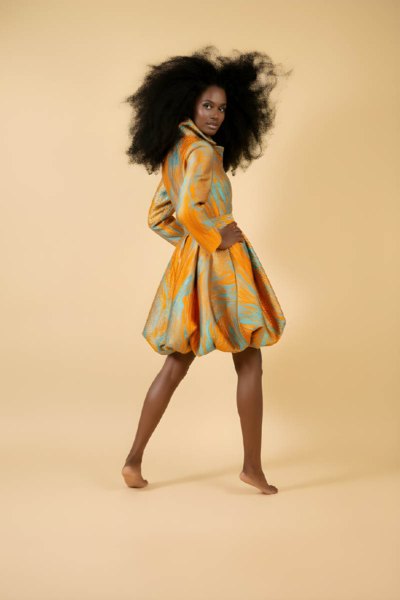 Samuel Dong's jacquard Bubble Dress Coat in Mustard/Turquoise