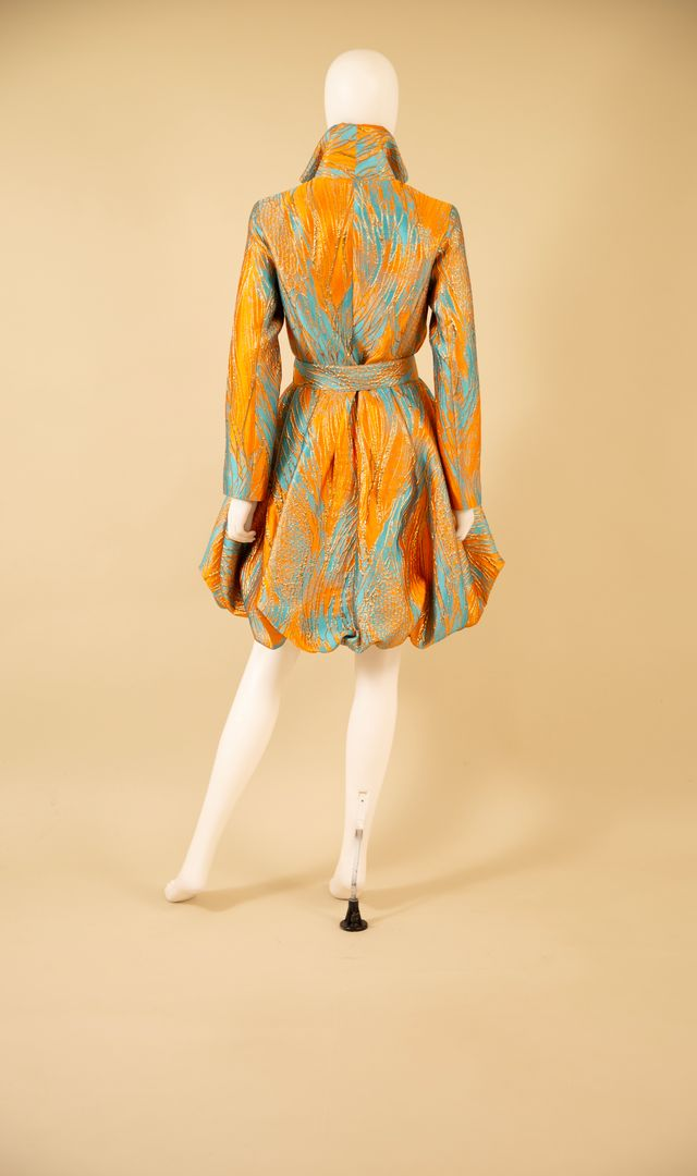 Samuel Dong's jacquard Bubble Dress Coat in Mustard/Turquoise
