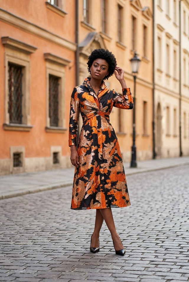 Samuel Dong's Double Collar Dress in Black Orange Gold