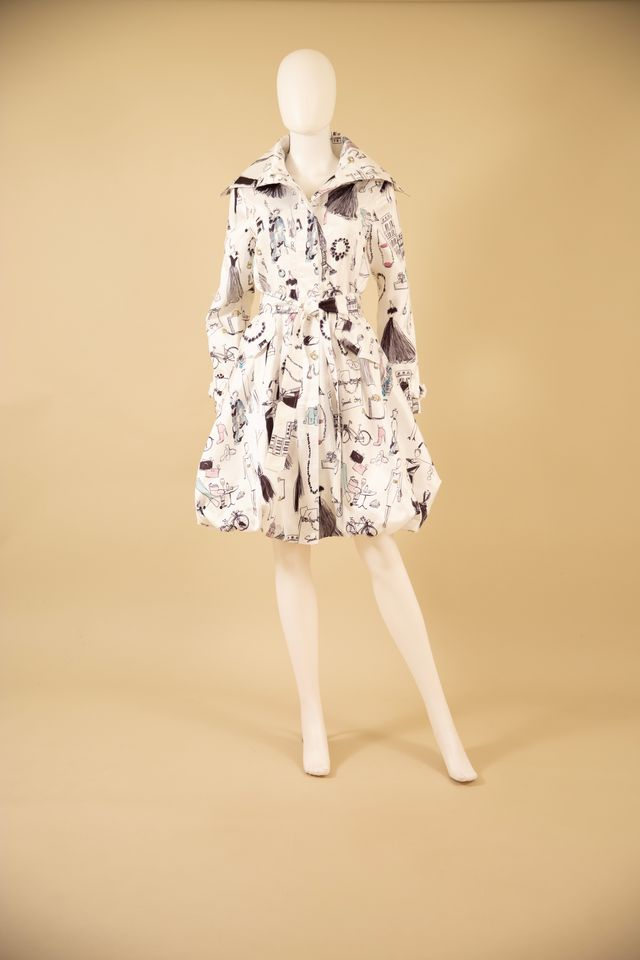 Samuel Dong's Printed Dupioni Bubble Dress/Trench Coat in Fashion Sketches 