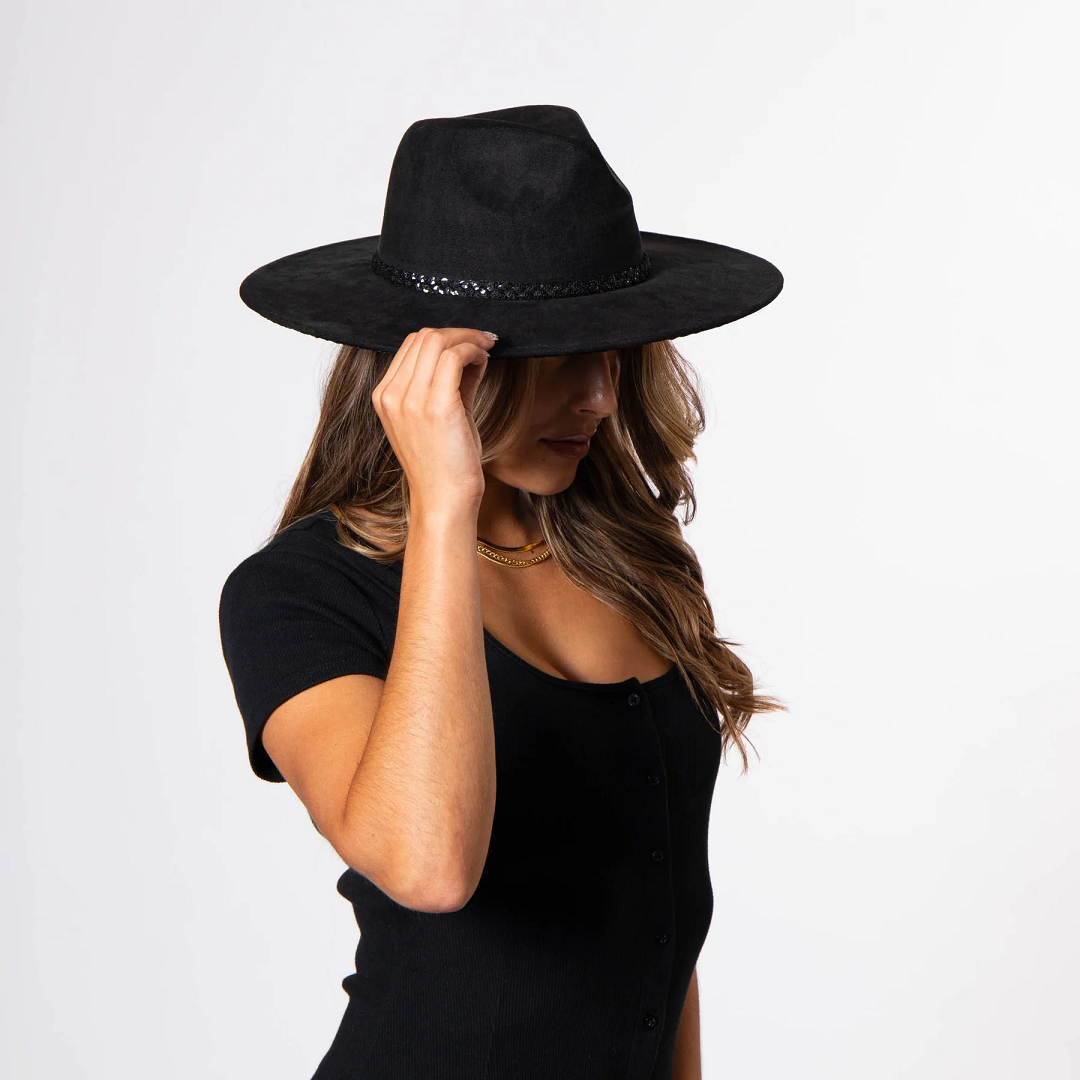 San Diego Hat Company Faux Suede Fedora with Tonal Braided Sequin Band