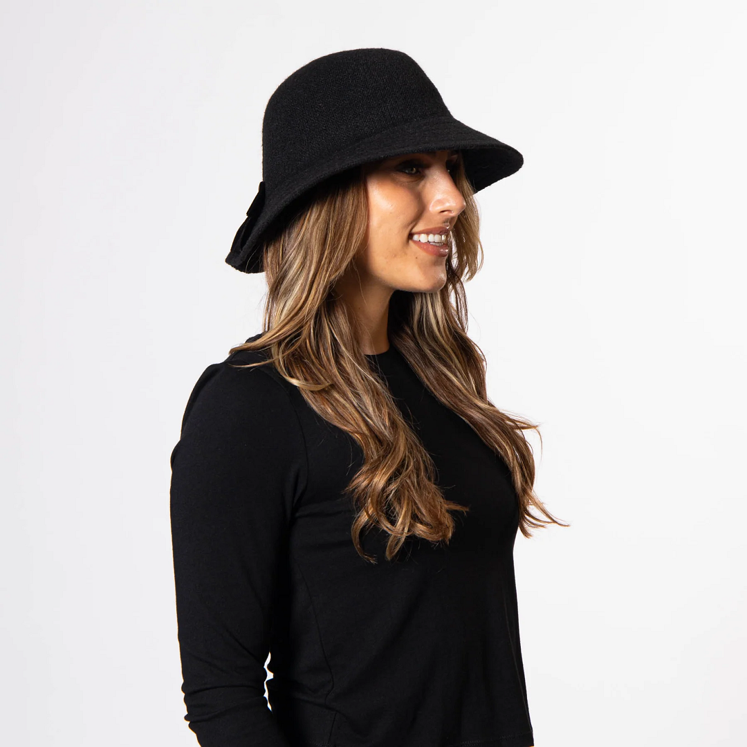 San Diego Hat Company Jean Ann Bucket Hat with Velvet Bow in Black