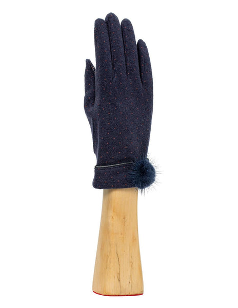 Blue Polka Dot Knit Wool Gloves with Fur Pom Pom
