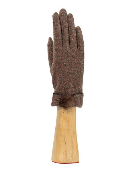 Brown Polka Dot Knit Wool Gloves with Fur Pom Pom