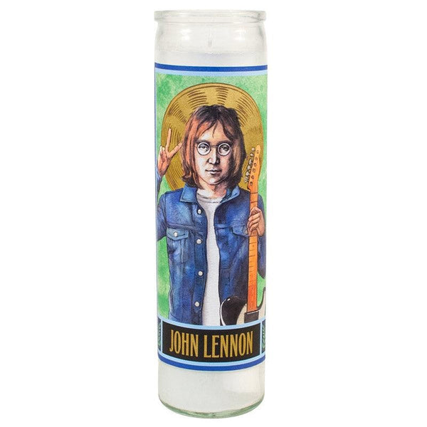 Tall white candle with an illustration of John Lennon.