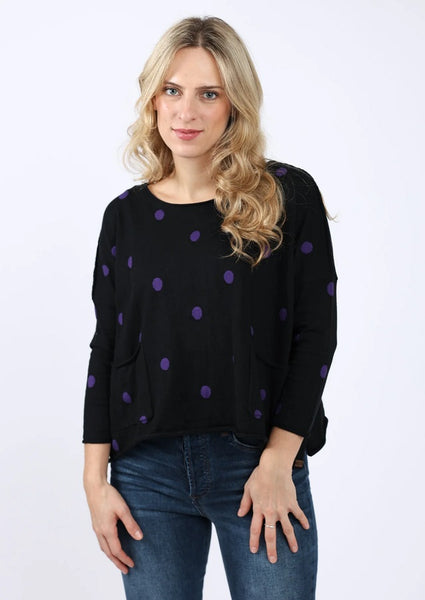 Shannon Passero Delphie Pullover Cotton Knit Sweater Black with Blue Dots