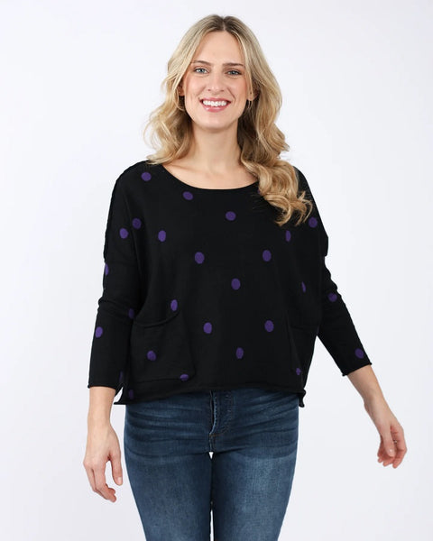 Shannon Passero Delphie Pullover Cotton Knit Sweater Black with Blue Dots