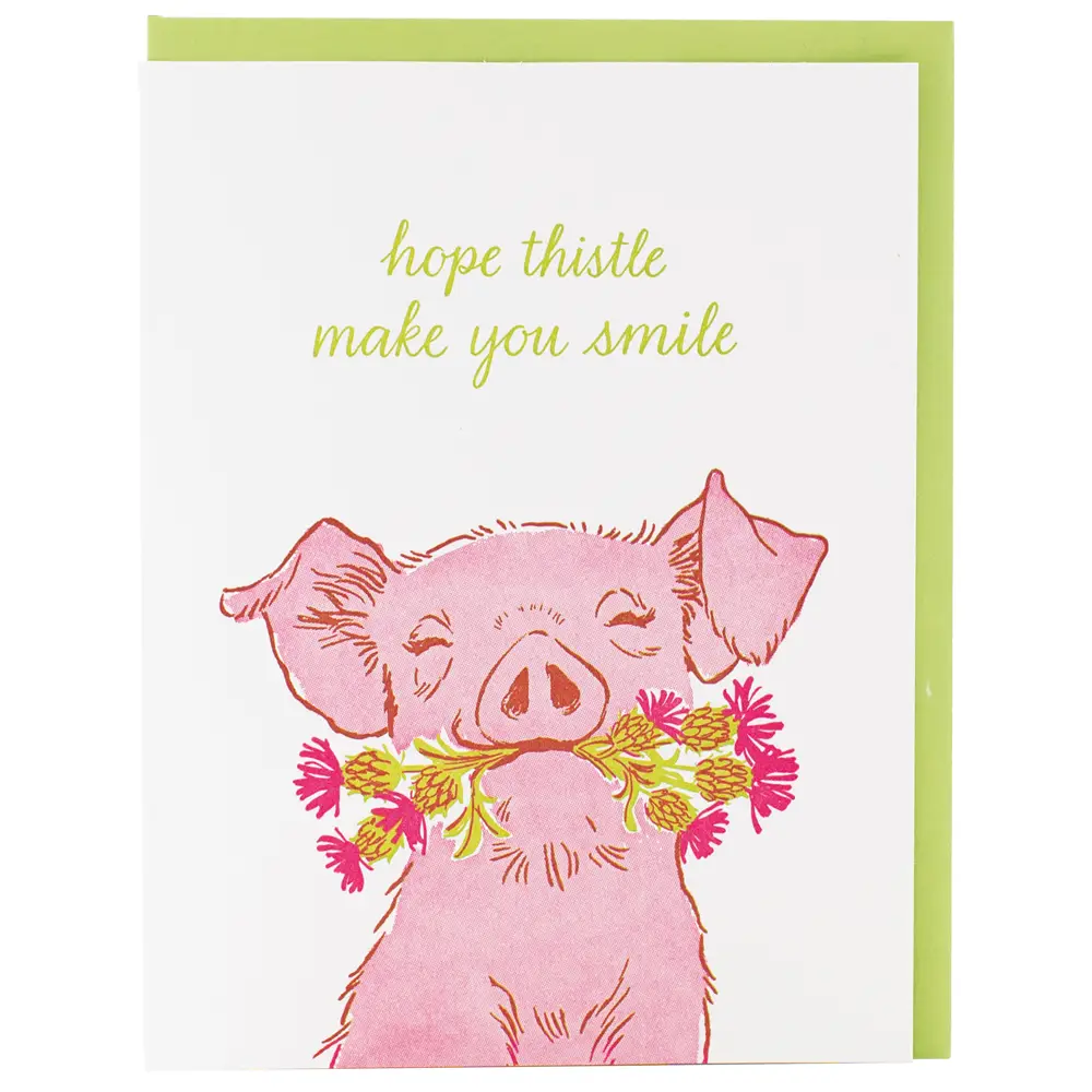Piglet with Pink Thistle Friendship Card