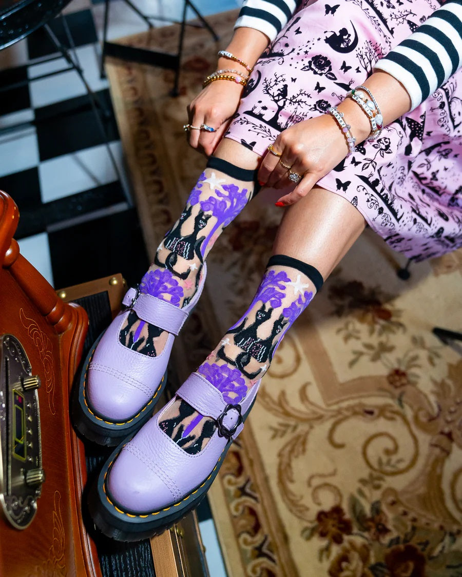 Sock Candy Nocturnal Cats Sheer Crew Socks