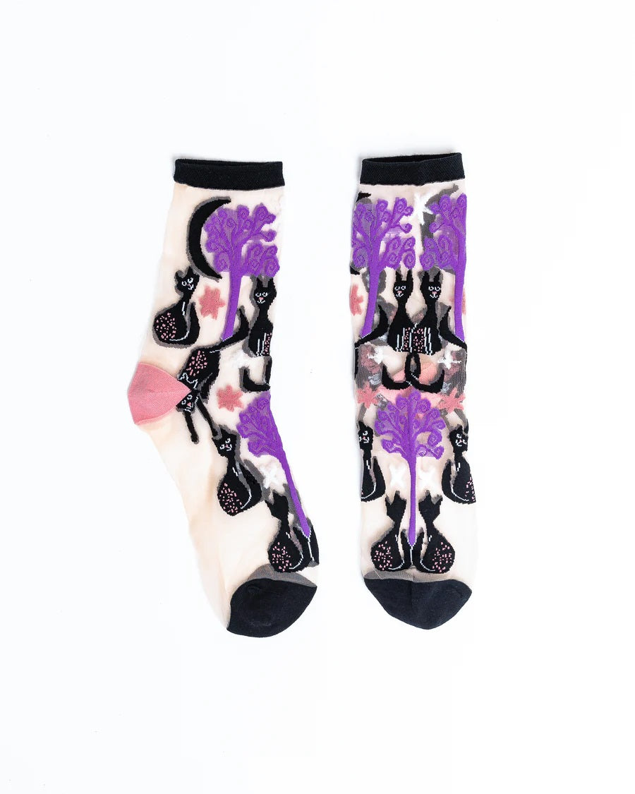 Sock Candy Nocturnal Cats Sheer Crew Socks