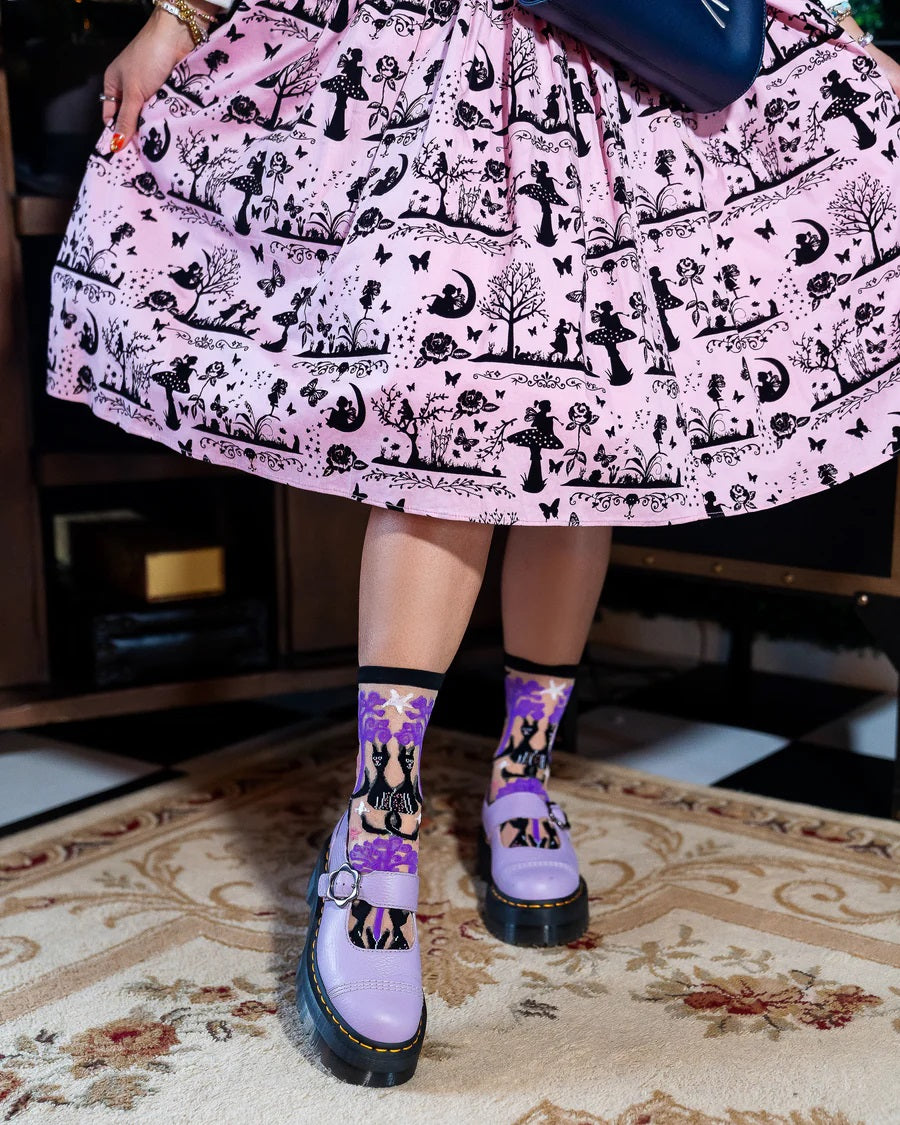 Sock Candy Nocturnal Cats Sheer Crew Socks