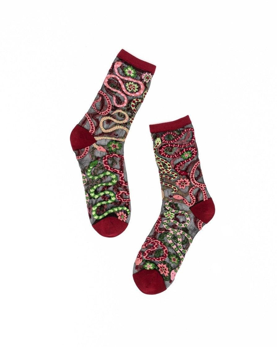 Sock Candy Serpentine Floral Black Sheer Crew Sock