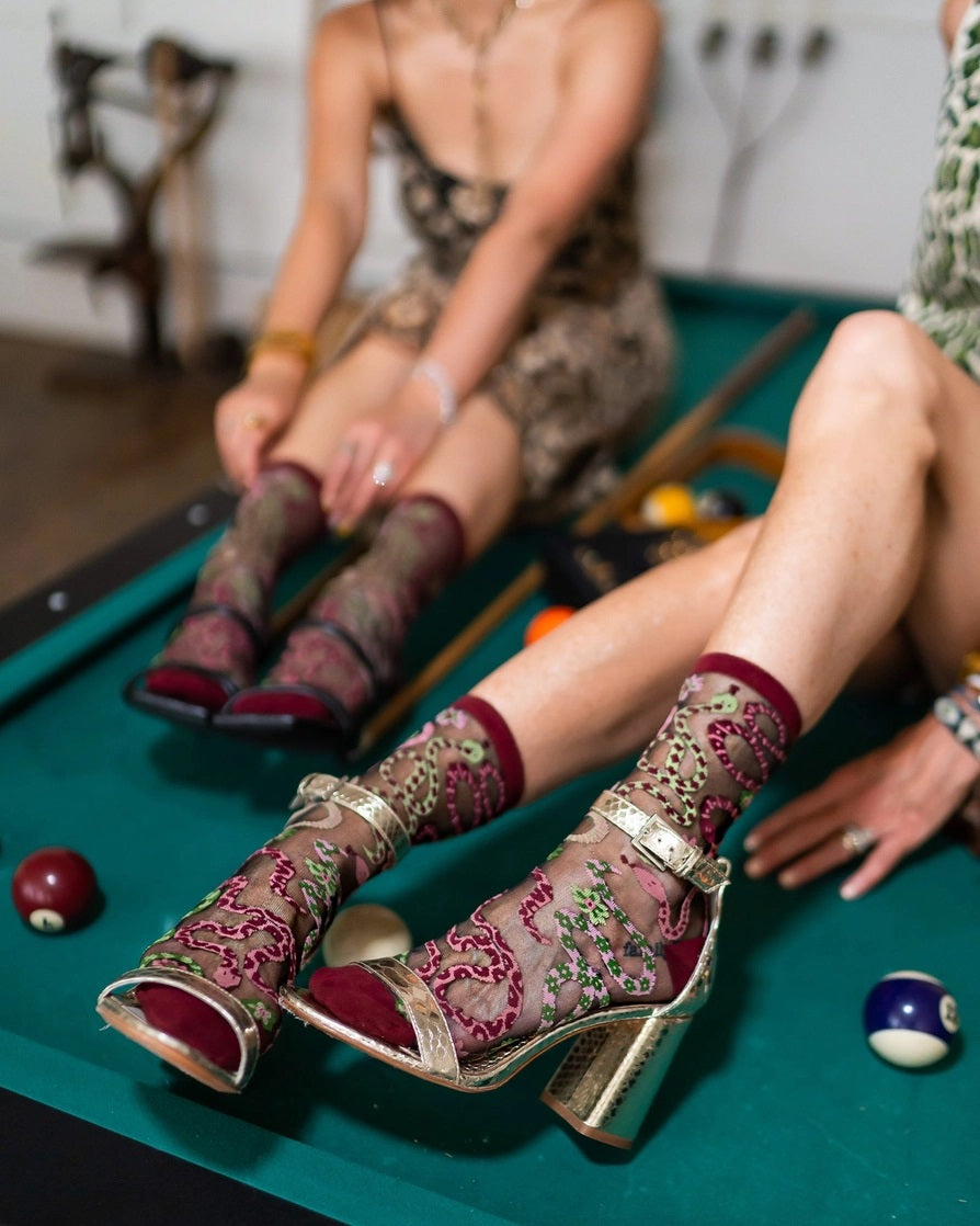 Sock Candy Serpentine Floral Black Sheer Crew Sock