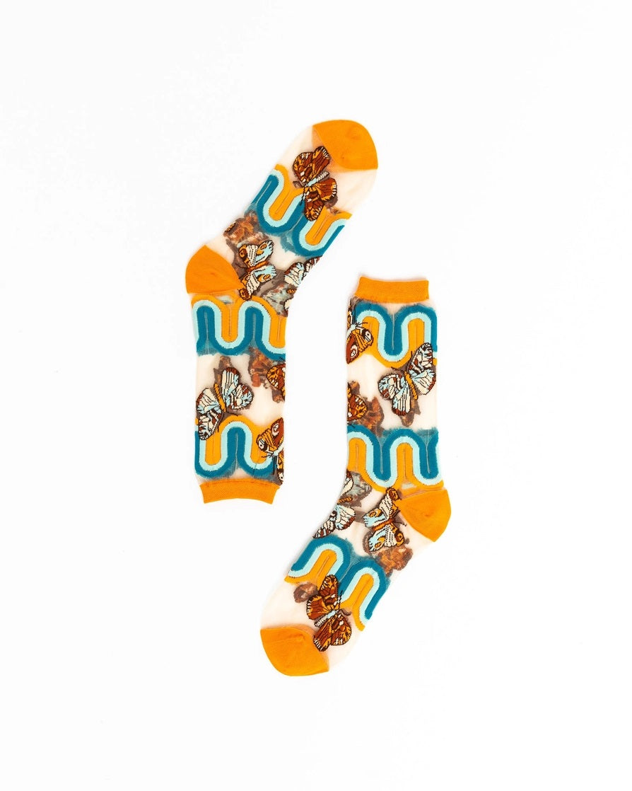 Sock Candy's 70's Rainbow Butterfly Sheer Mid High Socks 
