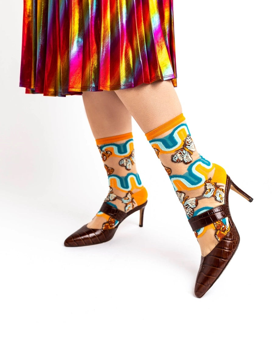 Sock Candy's 70's Rainbow Butterfly Sheer Mid High Socks 