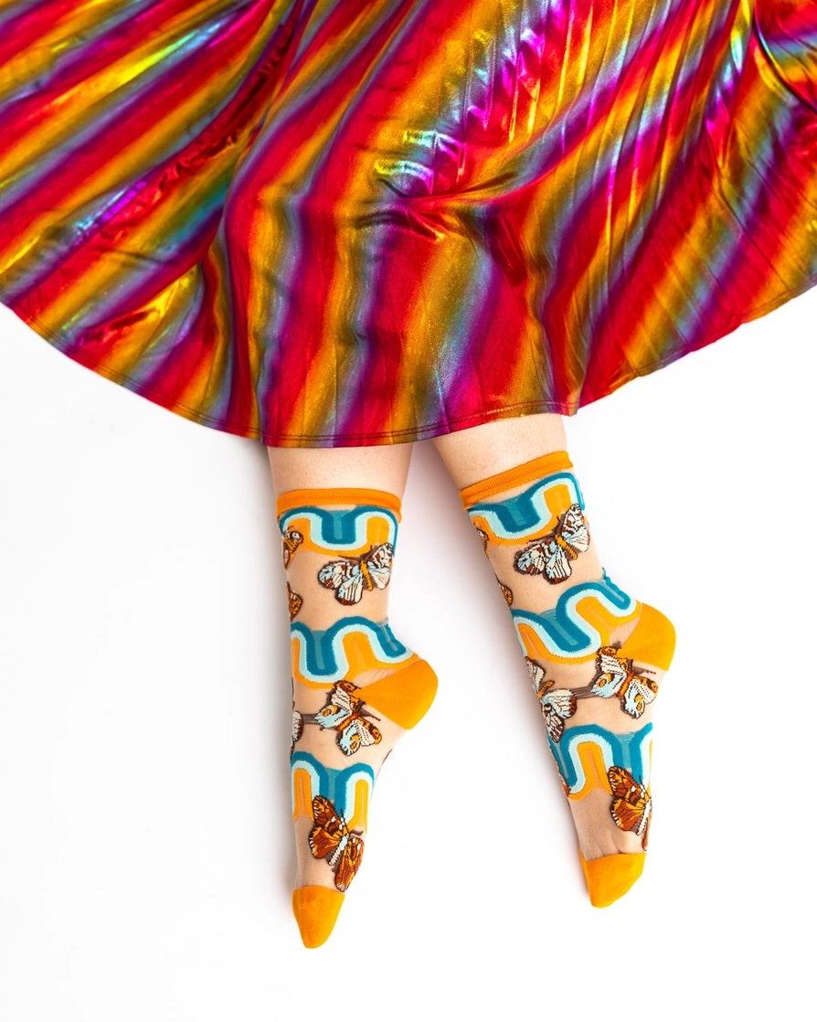 Sock Candy's 70's Rainbow Butterfly Sheer Mid High Socks 