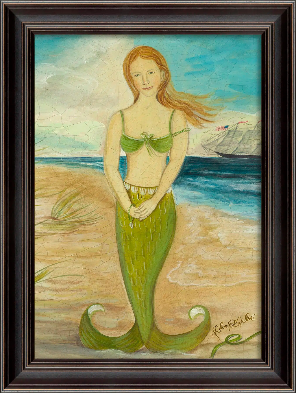 Red Headed Mermaid in Green Framed Wall Art