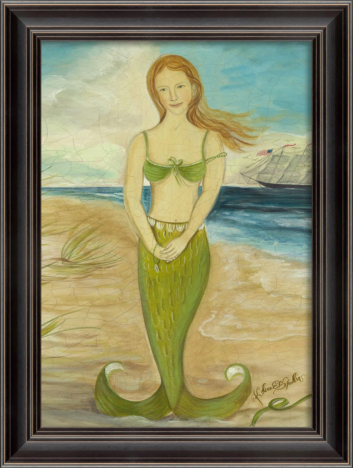 Red Headed Mermaid in Green Framed Wall Art