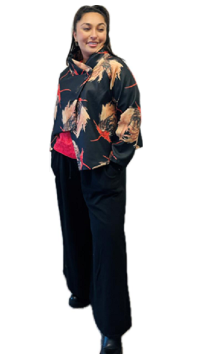 Transparente's Cropped Wool Jacket in Black with Leaf Print