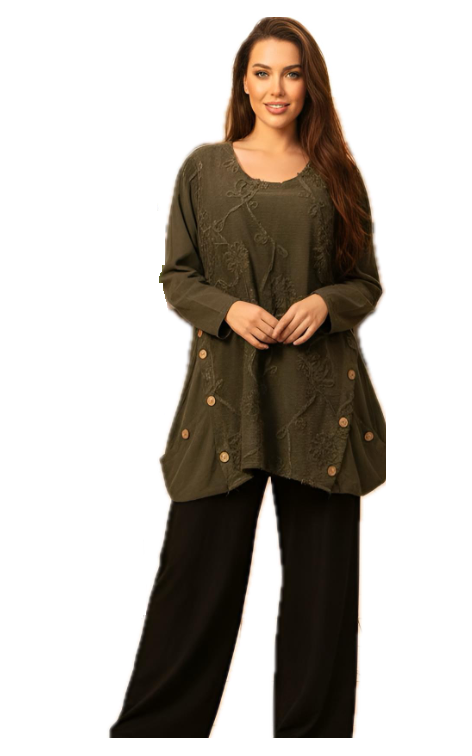 The Embroidered Button Tunic from Transparente in Olive