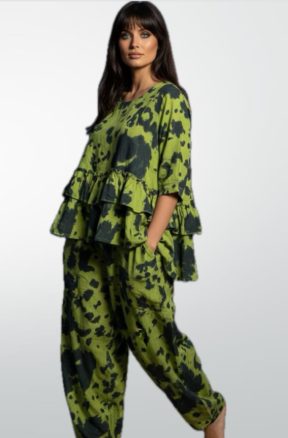 Transparente's Ruffle Tie-Dye Tunic in Kiwi