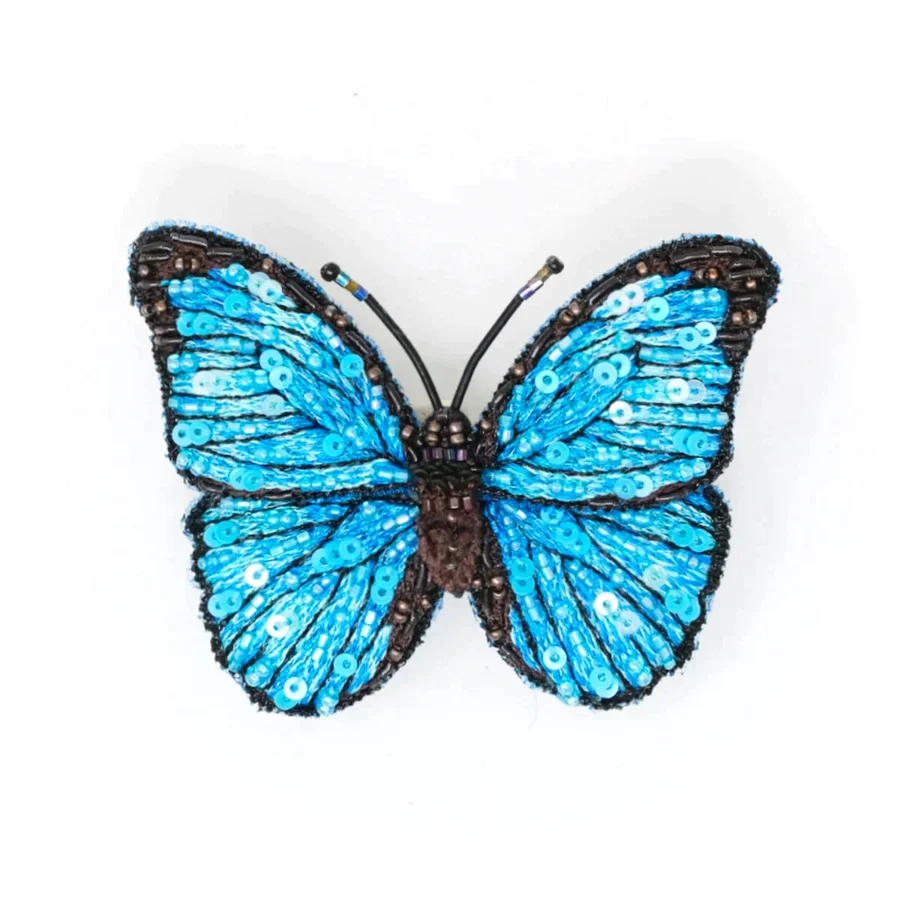 Hand Embroidered Blue Morpho Butterfly Brooch