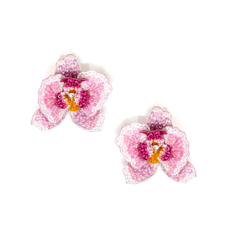 Trovelore Hand Embroidered Pink Orchid Earrings