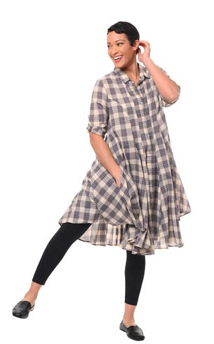 Tulip Julia Shirt Dress in Harwich Plaid. Button up front, flared silhouette. Pockets