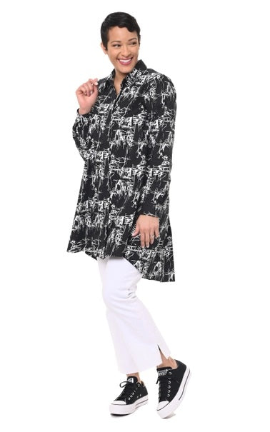 Tulip Newport Button down tunic top in black etching print.  Long sleeves, swinging silhouette, hi-low hem, collar.
