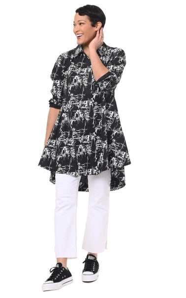 Tulip Newport Button down tunic top in black etching print.  Long sleeves, swinging silhouette, hi-low hem, collar.