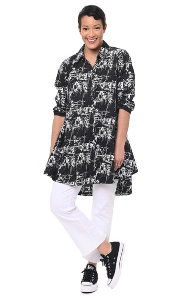 Tulip Newport Button down tunic top in black etching print.  Long sleeves, swinging silhouette, hi-low hem, collar.