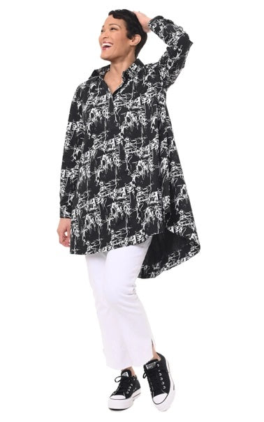 Tulip Newport Button down tunic top in black etching print.  Long sleeves, swinging silhouette, hi-low hem, collar.