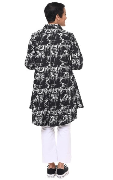 Tulip Newport Button down tunic top in black etching print.  Long sleeves, swinging silhouette, hi-low hem, collar.