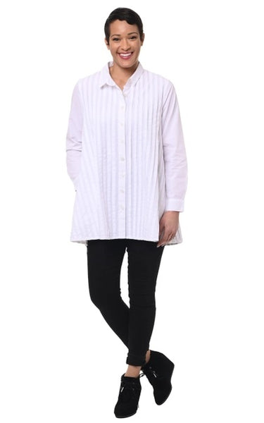 Tulip Clothing Robyn white cotton button down tunic top with pleating details and side pockets.