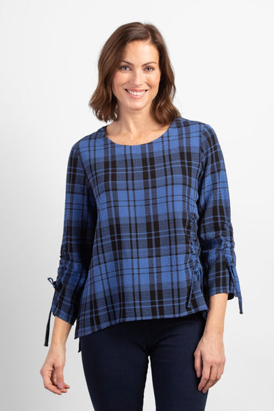 Habitat Ruched Pullover Top Skyline Blue Plaid Pattern
