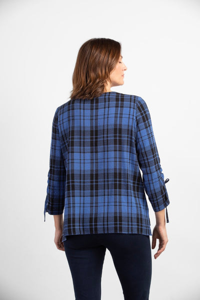 Habitat Ruched Pullover Top Skyline Blue Plaid Pattern