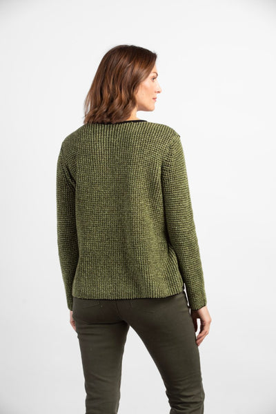 Habitat Waffle Knit Swing Pullover in Guacamole green with black trim. round neck, long sleeves, relaxed fit.