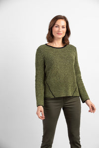 Habitat Waffle Knit Swing Pullover in Guacamole green with black trim. round neck, long sleeves, relaxed fit.