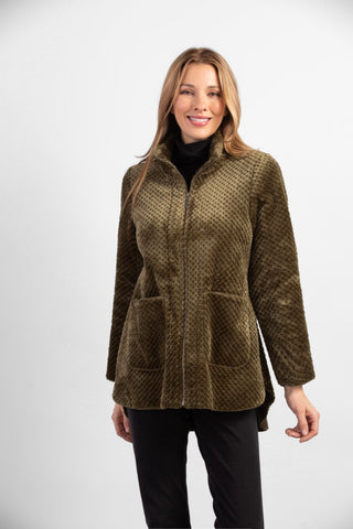 Habitat Sherpa Car Coat in Bonsai. Plush fabric, green-brown color with dotted texture and pattern throughout. Zip front, patch pockets, split hem.