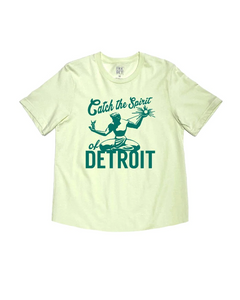 Citron green cropped t-shirt with the Spirit of Detroit Statue and "catch the spirit of Detroit" printed in green ink on front