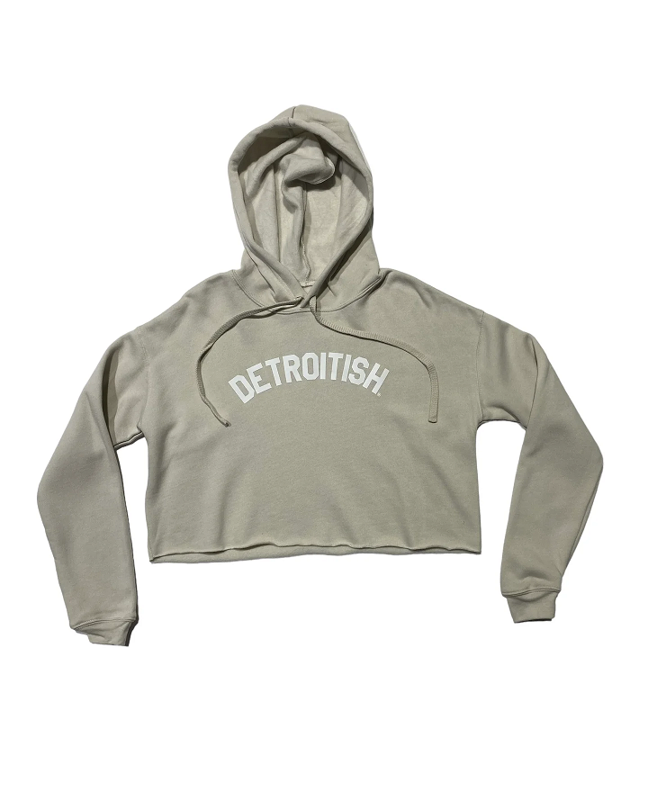 Heather Dust cropped hoodie with "Detroitish" printed across the chest in white lettering