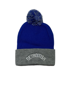 Detroitish Pom Knit Beanie / Royal Blue & Silver