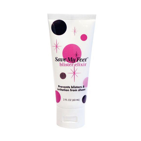 White squeeze bottle with black and purple polka dots with the text  "Save my feet - blister elixir" in the middle. Benefits of this product are listed as preventing blisters and irritation from shoes.